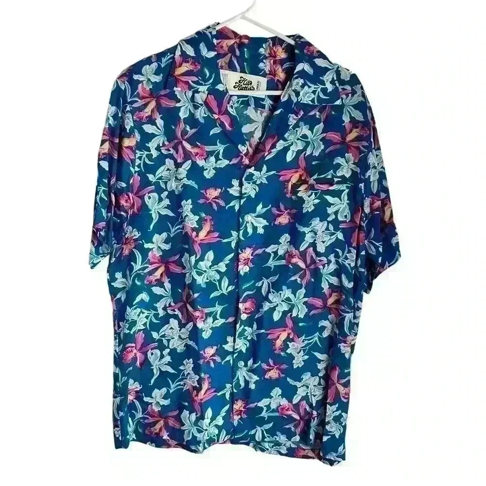 Vintage Hilo Hattie Floral Hawaiian Aloha Shirt Mens Large Blue